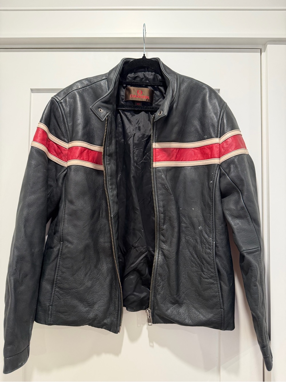 Danier Black Leather Jacket with Red and Cream Racing Stripes